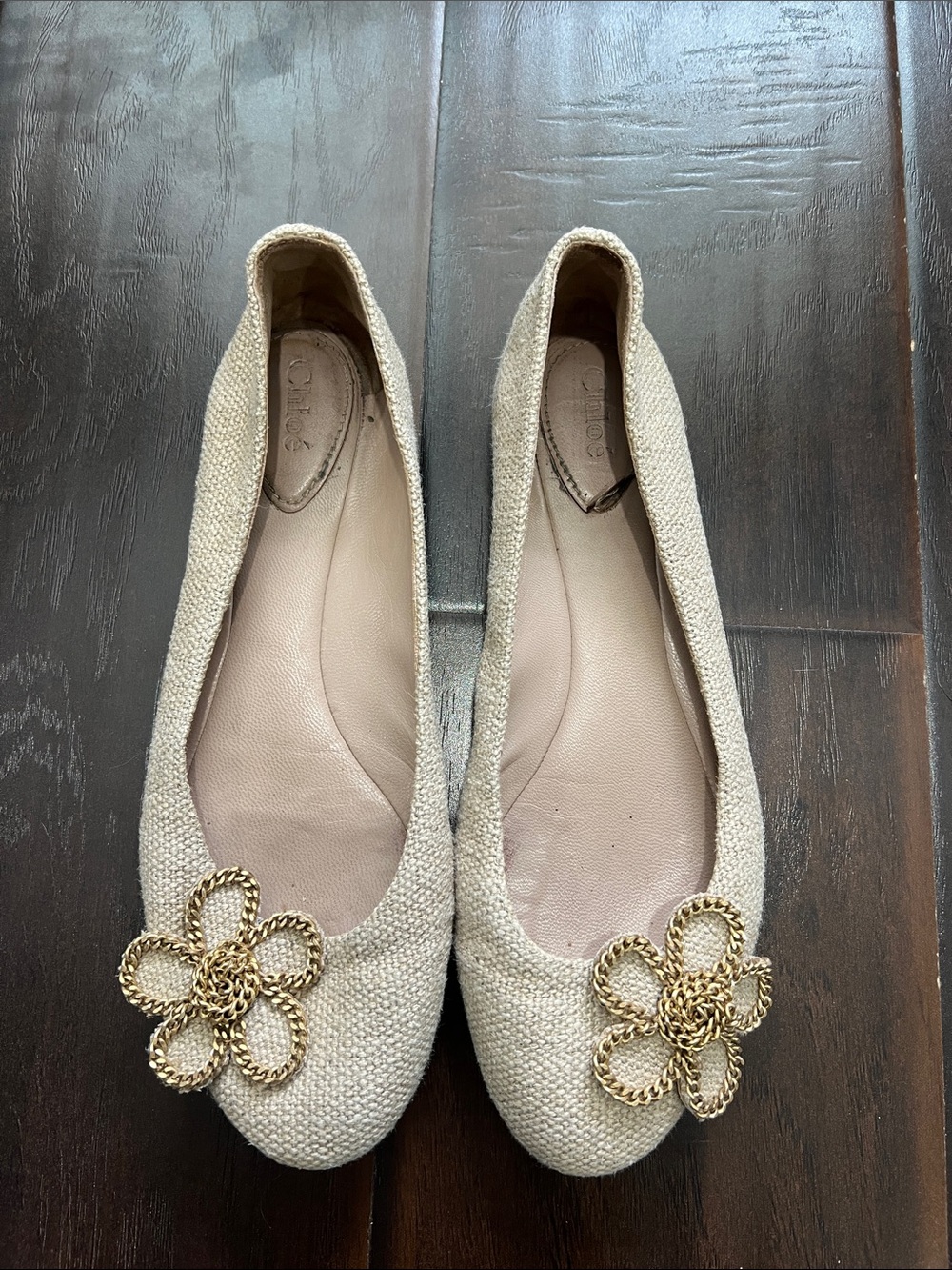 Chloe Beige Chain Flower Flats, size 39